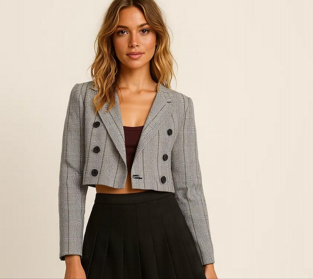 Vintage Gray Checkered Cropped Blazer